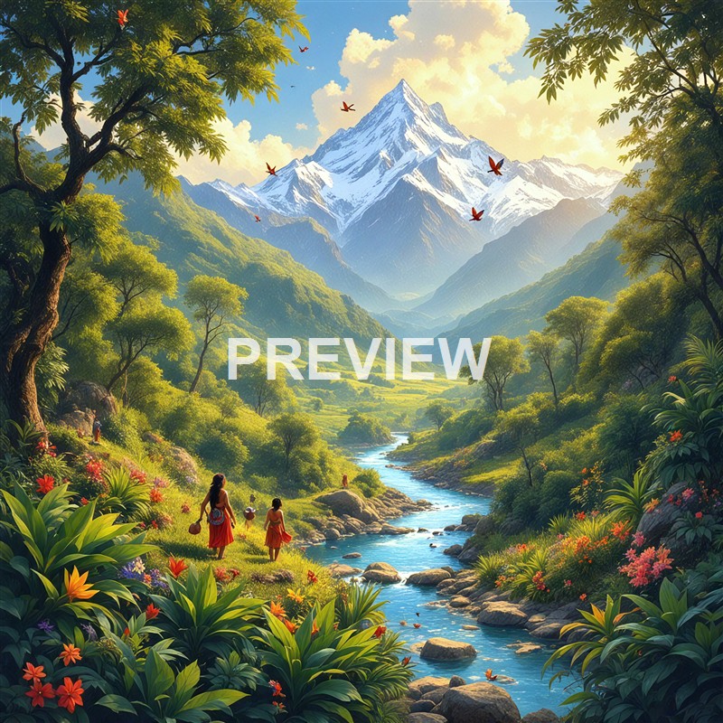 A vibrant, lush green valley with a flowing river, surrounded by trees and colorful flowers, leading up to towering snow-capped mountains under a partly cloudy sky with birds flying overhead.